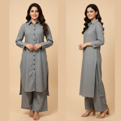 Woman wearing a gray kurta with palazzo pants on a beige background