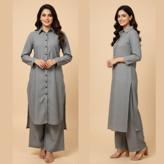 Woman wearing a gray kurta with palazzo pants on a beige background