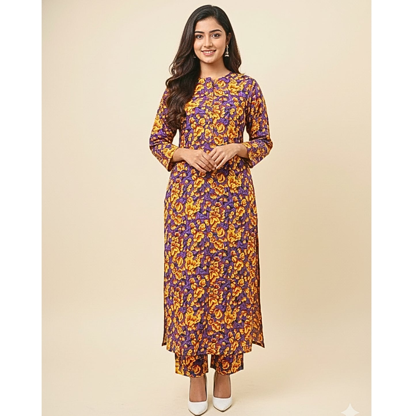 Woman wearing a purple and yellow floral dress on a beige background