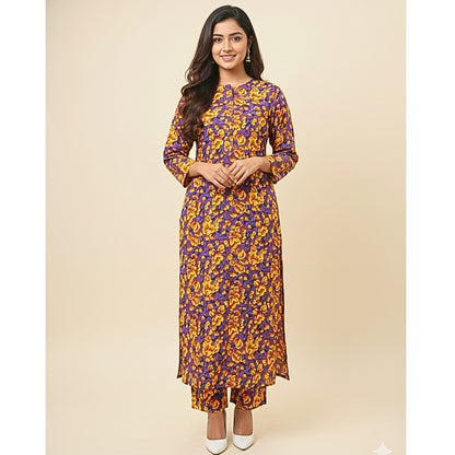 Woman wearing a purple and yellow floral dress on a beige background