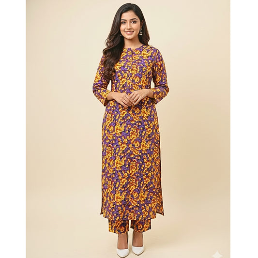 Woman wearing a purple and yellow floral dress on a beige background