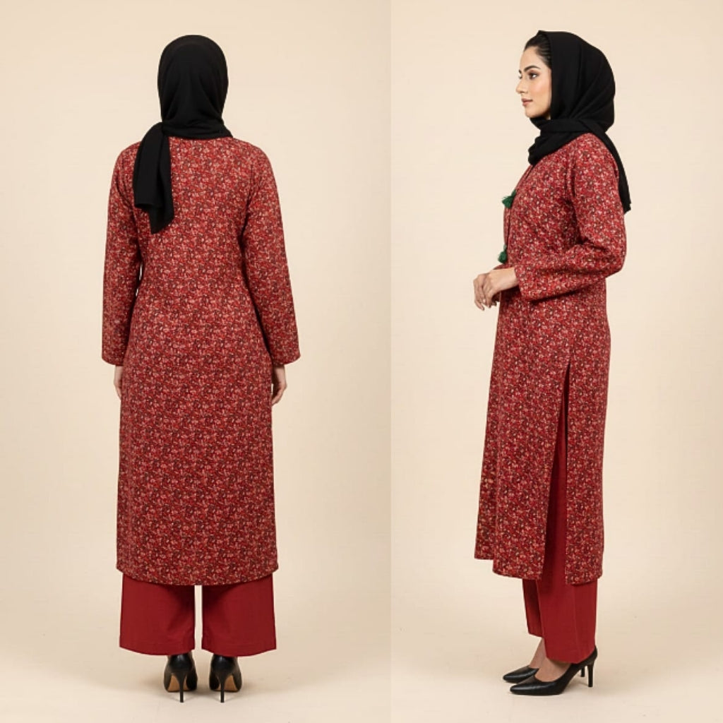 Red floral dress with matching pants worn by a model on a beige background