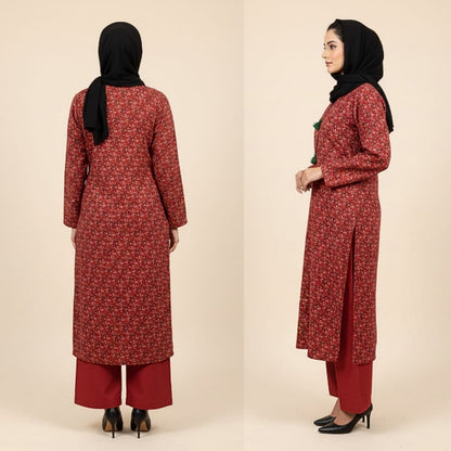 Red floral dress with matching pants worn by a model on a beige background