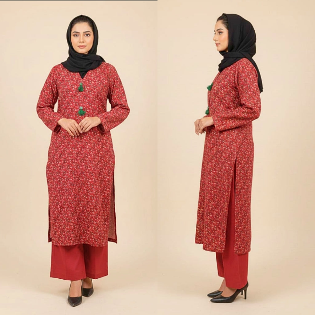 Woman wearing a red floral outfit with a black hijab on a beige background