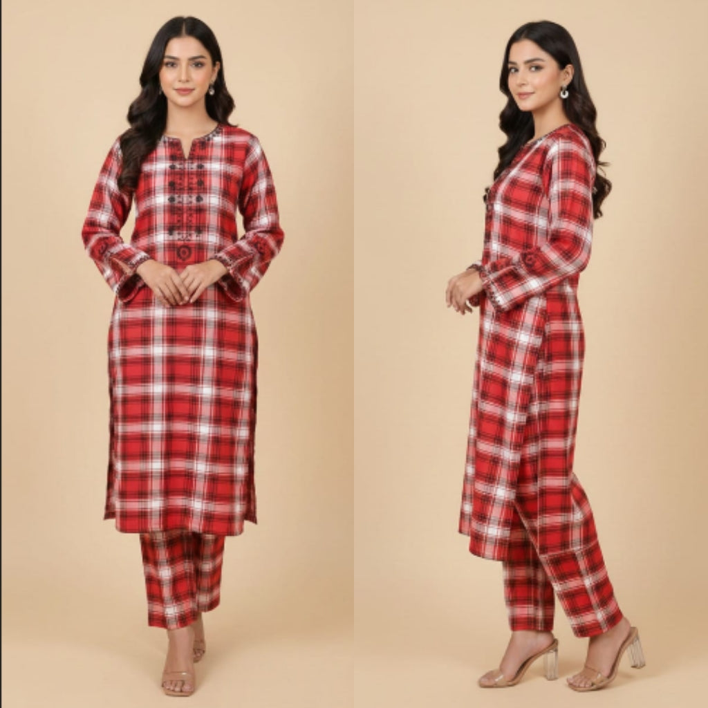 Woman wearing a red and white checkered outfit on a beige background