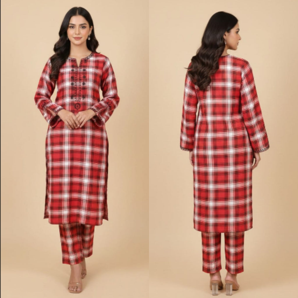 Red and white checkered outfit worn by a model on a beige background
