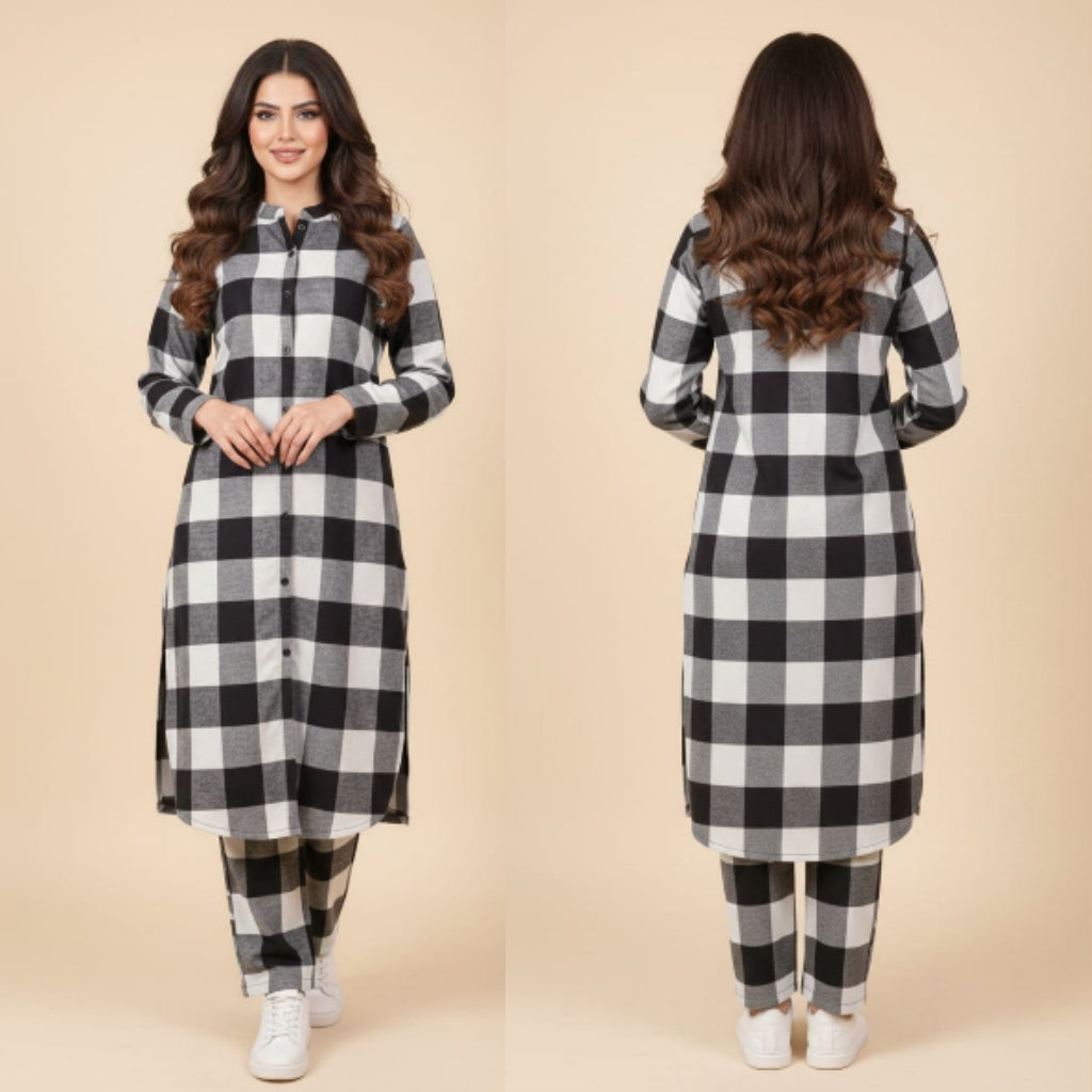 Ivory Noir Tartan Front-Open Long Frock - CRO584