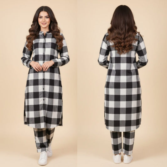 Ivory Noir Tartan Front-Open Long Frock - CRO584