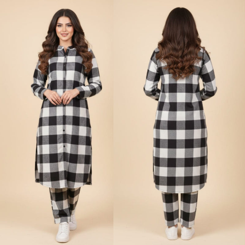 Ivory Noir Tartan Front-Open Long Frock - CRO584