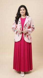 Woman wearing a pink floral blazer over a red dress on a beige background
