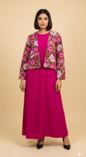 Woman wearing a pink dress with a floral jacket on a beige background