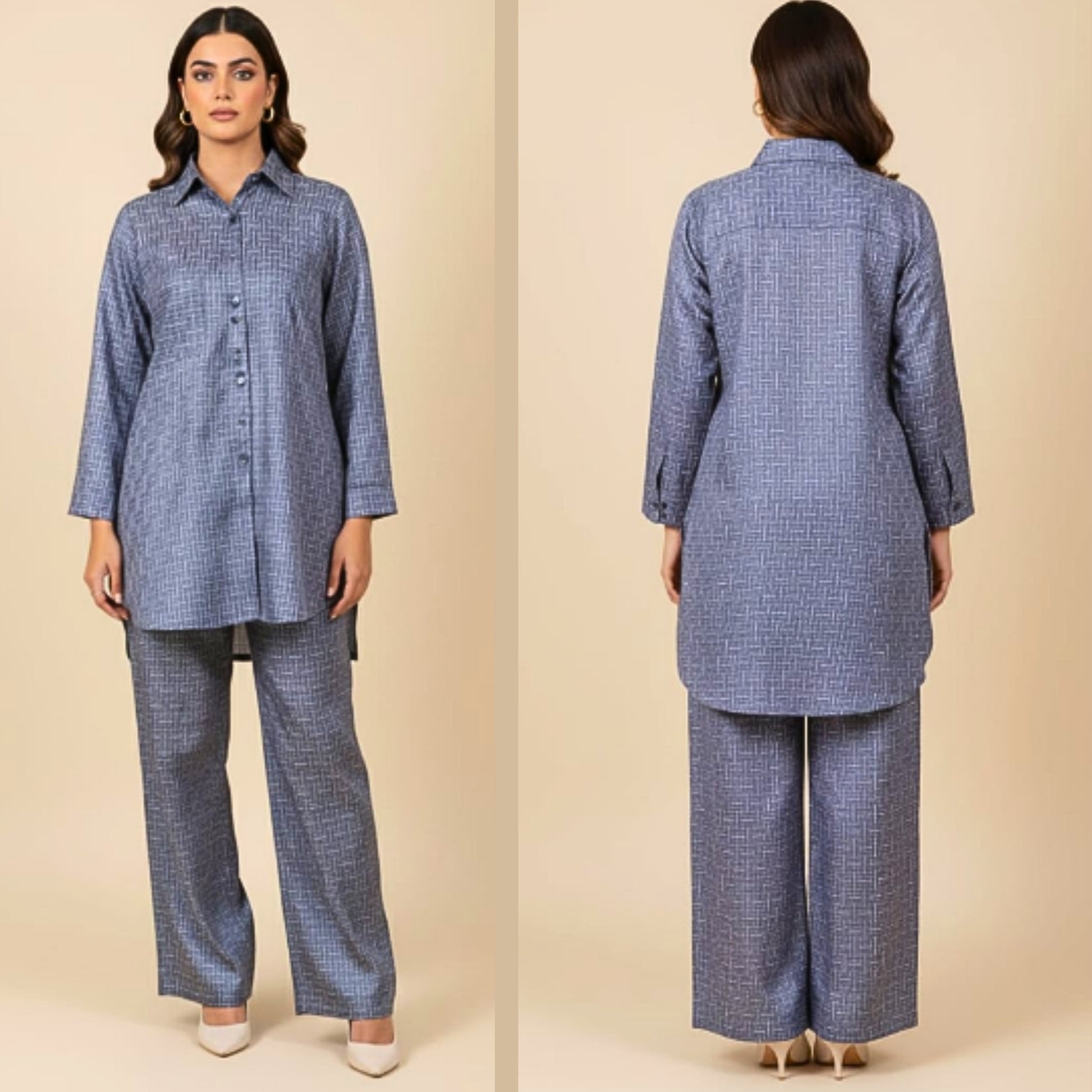 Woman wearing a blue checkered outfit with front and back views on a beige background