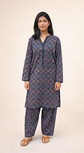 Woman wearing a patterned kurta with pants on a beige background
